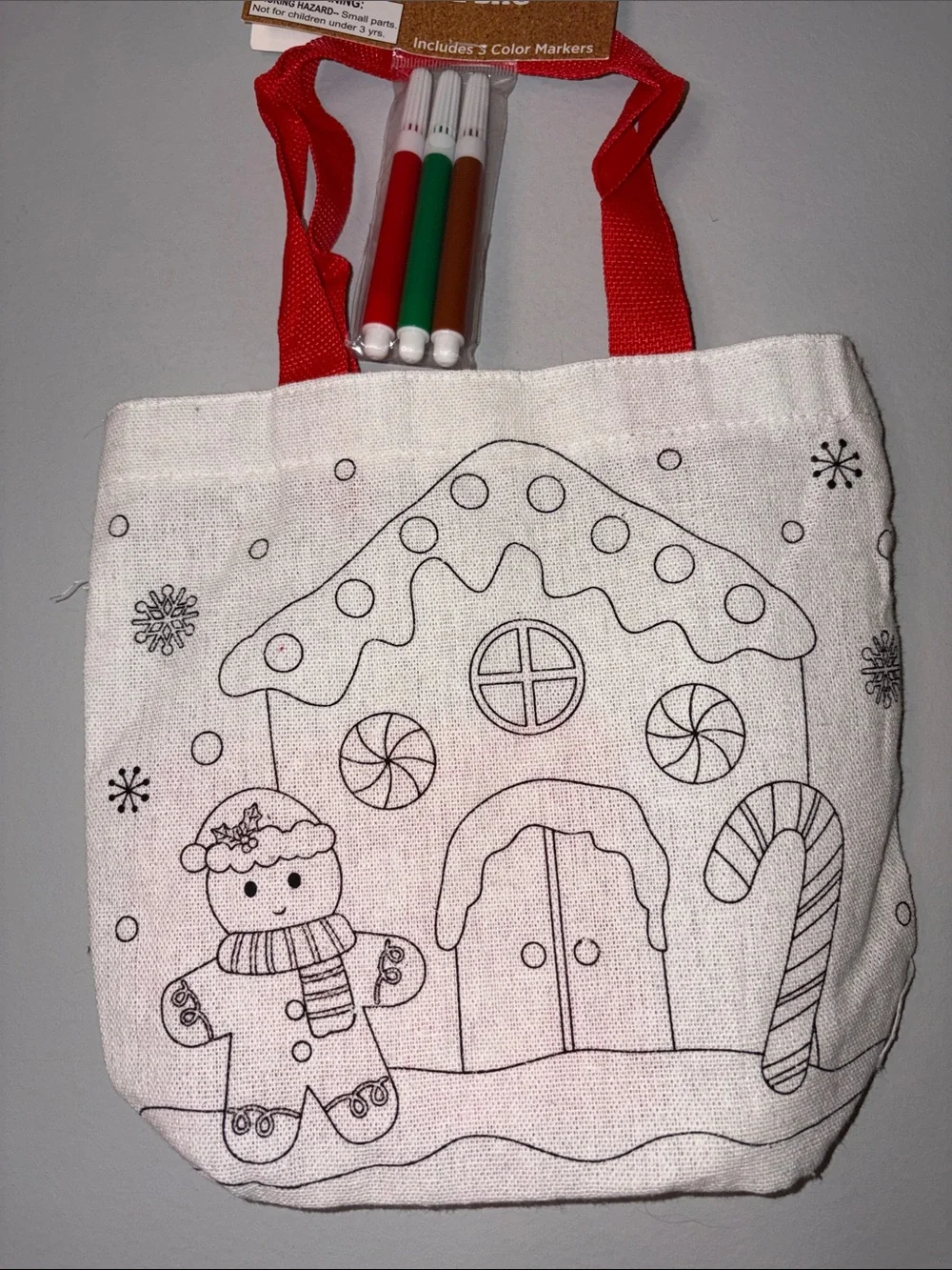 New Holiday Gingerbread Coloring Tote Bag with Red Handles